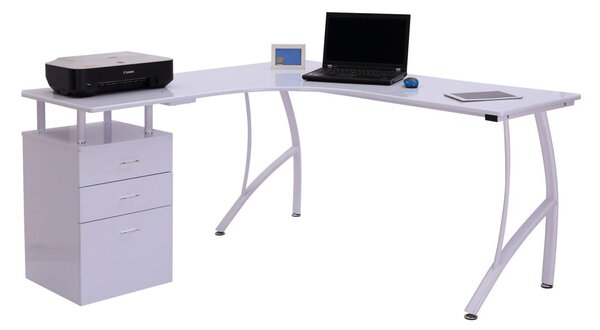Scrivania Moderna ad Angolo con Cassetti in Legno Bianco 152x144x76 cm