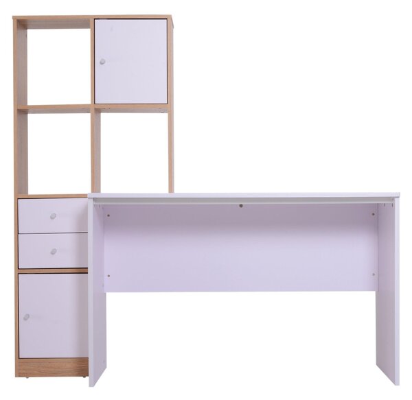Scrivania con Scaffalatura 5 Ripiani e 2 Cassetti in Legno Bianco Rovere 153x60x148 cm