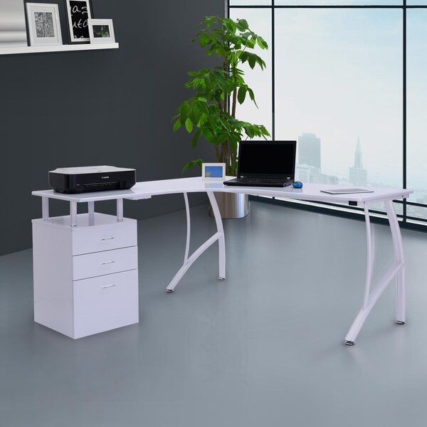 Scrivania Moderna ad Angolo con Cassetti in Legno Bianco 152x144x76 cm