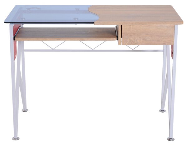 Scrivania da Ufficio in Legno e Piano in Vetro con Cassetto e Porta Tastiera Estraibile 105x55x75 cm