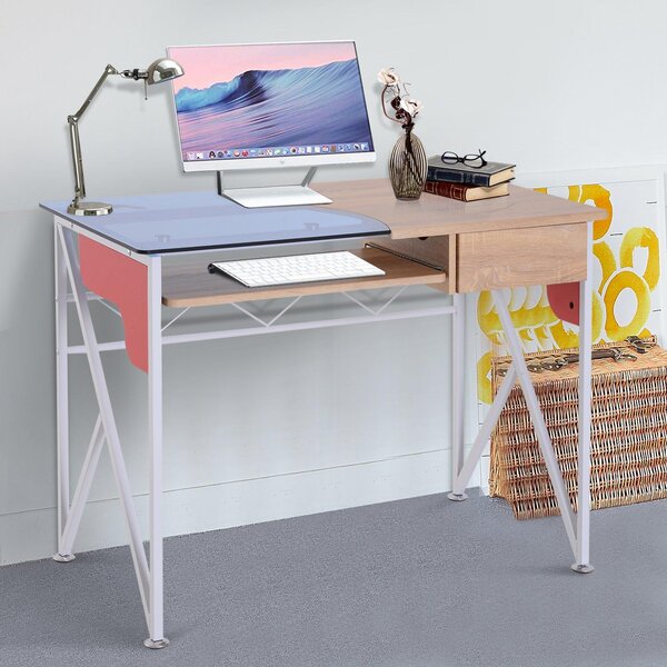 Scrivania da Ufficio in Legno e Piano in Vetro con Cassetto e Porta Tastiera Estraibile 105x55x75 cm