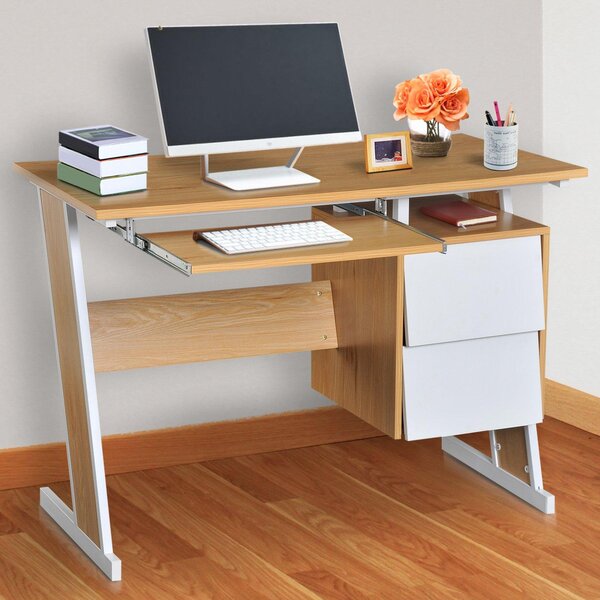 Scrivania da Ufficio con 2 Cassetti e Ripiano Tastiera Scorrevole in Legno 105x54x75 cm