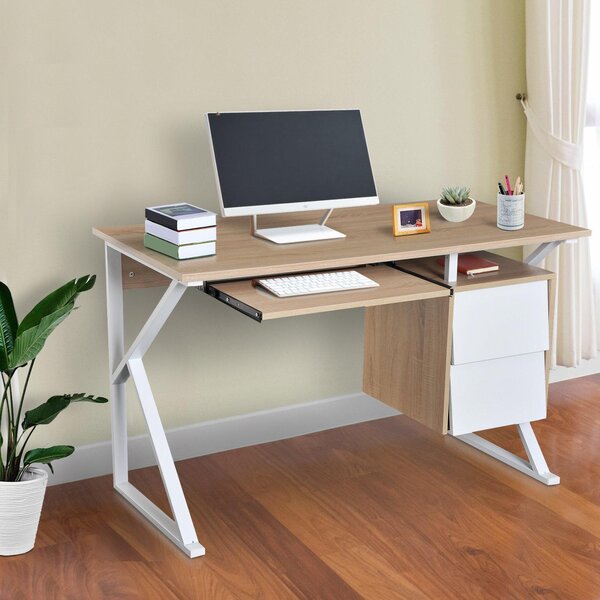 Scrivania da Ufficio con Cassetto e Ripiano Tastiera Estraibile in Acciaio e Legno Bianco Rovere 120x60x76 cm
