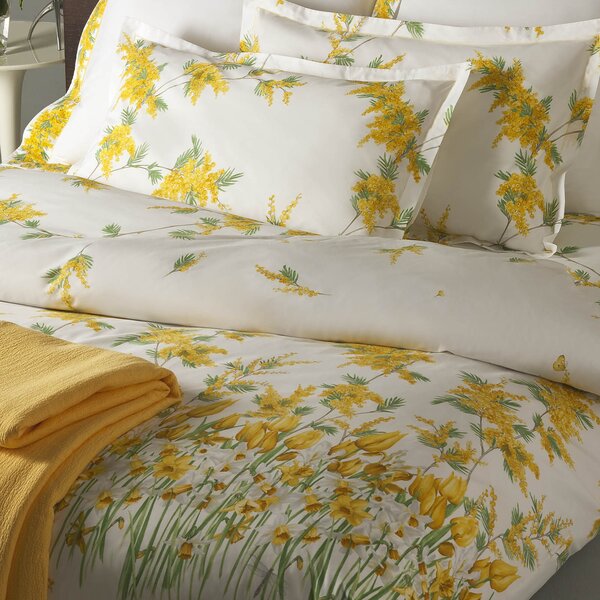 Copripiumino Con Federe In Percalle Mimose Piazza E Mezza - 200X255 + 1 Federa 50X80 Mirabello Floreale Giallo Caleffi