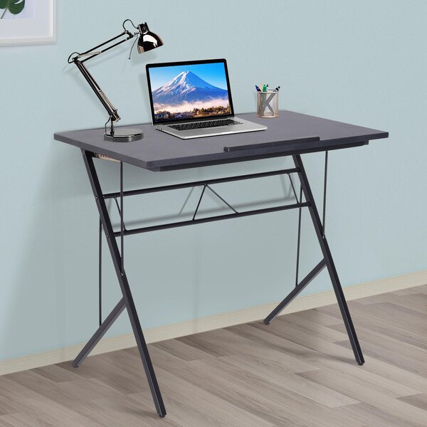 Scrivania da Ufficio Inclinabile Fino a 60° con Sponda in Metallo e Legno Nero 90x50x76-91 cm