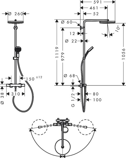 Colonna doccia hansgrohe Pulsify S Puro, altezza 260 mm, con un getto, miscelatore termostatico Ecostat Fine e doccetta manuale a 3 getti, finitura bronzo spazzolato