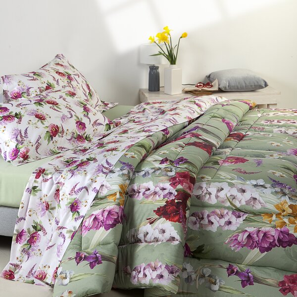 Trapunta In Percalle Charming Flowers Matrimoniale - 260X260 Emporium Floreale Verde Caleffi