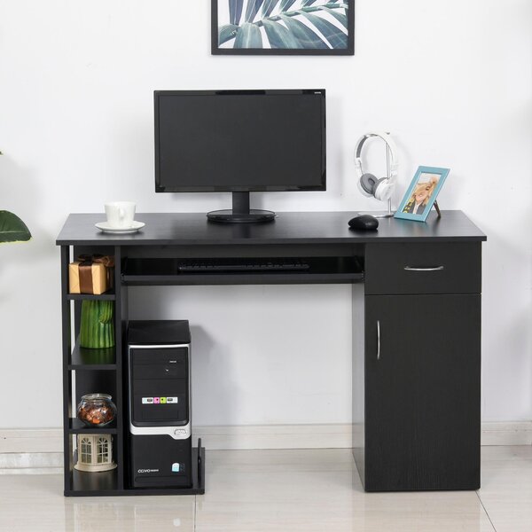 Scrivania da Ufficio Porta PC 120x60x74 cm con Mensole Ripiano Tastiera Nera