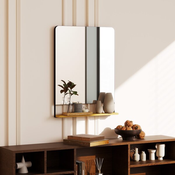 HOMCOM Specchio da Parete 80x60 cm con Mensola in Legno, Specchio Rettangolare Moderno con Cornice in Metallo, Nero | Aosom Italy