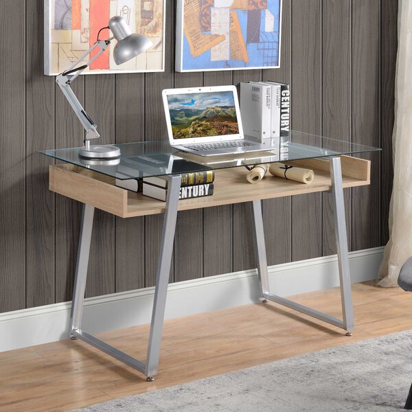Scrivania da Ufficio Porta PC 120x60x74,5 cm in Acciaio Legno e Piano in Vetro