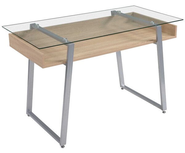 Scrivania da Ufficio Porta PC 120x60x74,5 cm in Acciaio Legno e Piano in Vetro