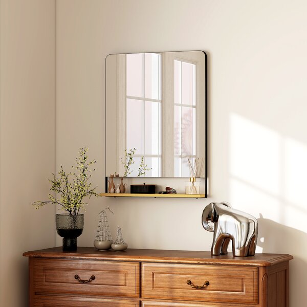 HOMCOM Specchio da Parete 80x60 cm con Mensola in Legno, Specchio Rettangolare Moderno con Cornice in Metallo, Nero | Aosom Italy
