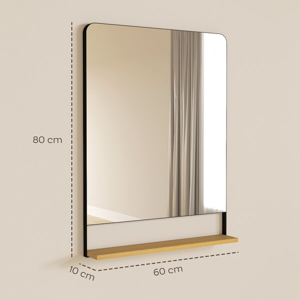 HOMCOM Specchio da Parete 80x60 cm con Mensola in Legno, Specchio Rettangolare Moderno con Cornice in Metallo, Nero | Aosom Italy