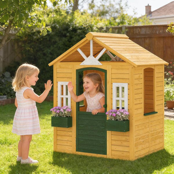 AIYAPLAY Casetta da giardino per bambini con porta, 3 finestre e 2 fioriere, 134,5x97x150 cm, Marrone | Aosom Italy