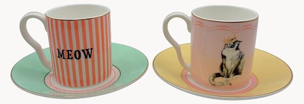 Set di 2 tazze e piattini in Fine Bone China Cat