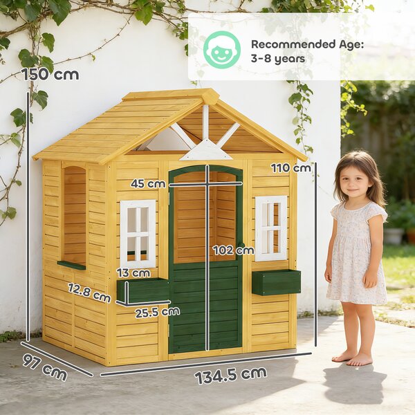 AIYAPLAY Casetta da giardino per bambini con porta, 3 finestre e 2 fioriere, 134,5x97x150 cm, Marrone | Aosom Italy