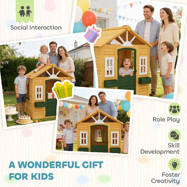 AIYAPLAY Casetta da giardino per bambini con porta, 3 finestre e 2 fioriere, 134,5x97x150 cm, Marrone | Aosom Italy