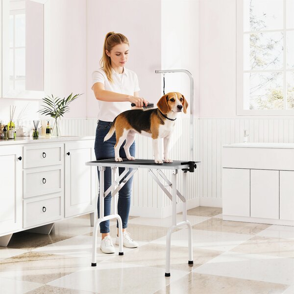 PawHut Tavolo per Toelettatura per Cani, Tavolo per la Cura degli Animali con Imbracatura Pieghevole, Gambe in Acciaio e Piano Antiscivolo, 81x48,5x80 cm, Nero | Aosom Italy