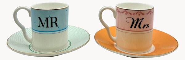 Set di 2 tazze e piattini in Fine Bone China Mr. & Mrs