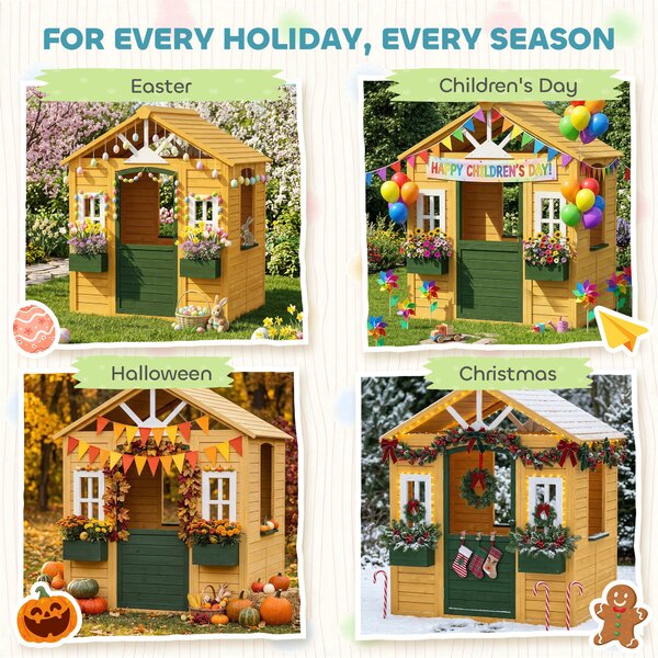 AIYAPLAY Casetta da giardino per bambini con porta, 3 finestre e 2 fioriere, 134,5x97x150 cm, Marrone | Aosom Italy