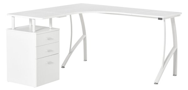 Scrivania Angolare da Ufficio 143,5x143,5x76 cm con Cassettiera in Legno e Metallo Bianca