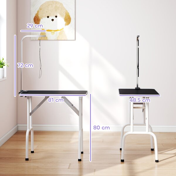 PawHut Tavolo per Toelettatura per Cani, Tavolo per la Cura degli Animali con Imbracatura Pieghevole, Gambe in Acciaio e Piano Antiscivolo, 81x48,5x80 cm, Nero | Aosom Italy