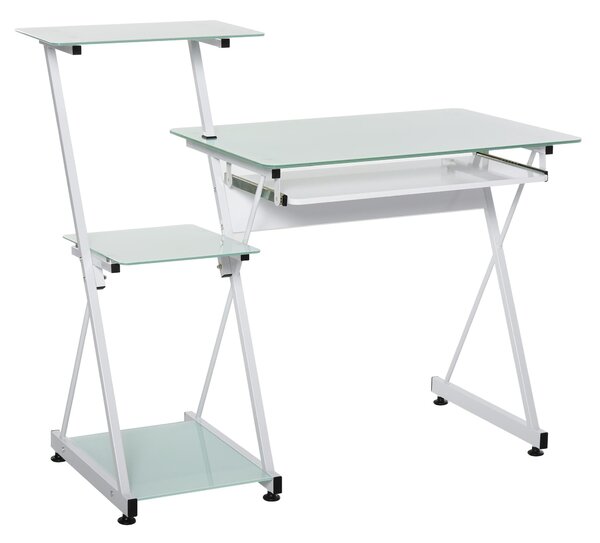 Scrivania da Ufficio Porta PC 116,5x54,5x100 cm con Mensole e Piano in Vetro Bianca