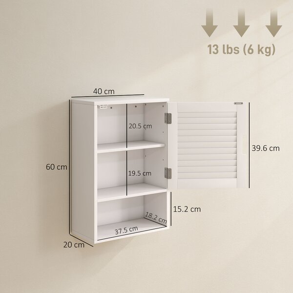 HOMCOM Armadietto da Bagno a Parete con Porta a Stecche, Ripiano Regolabile e Scomparto Aperto, 40x20x60 cm, Bianco | Aosom Italy