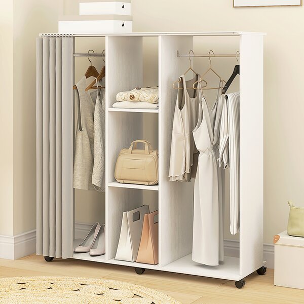 HOMCOM Armadio Appendiabiti Mobile Contenitore con 6 Ruote, in Legno, 120x40x128 cm, Bianco | Aosom Italy