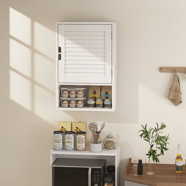 HOMCOM Armadietto da Bagno a Parete con Porta a Stecche, Ripiano Regolabile e Scomparto Aperto, 40x20x60 cm, Bianco | Aosom Italy