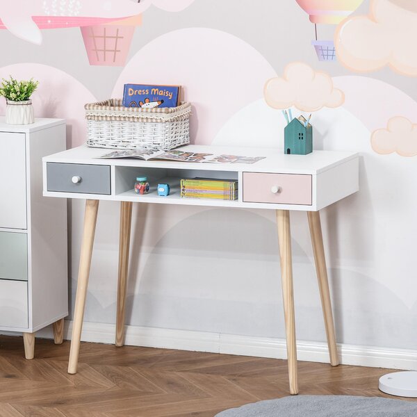 Scrivania per Bambini 100x48x76,5 cm in Legno di Pino e MDF Bianco Rosa e Grigio