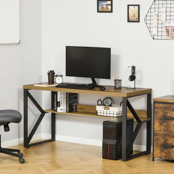 Scrivania da Ufficio Moderna 140x60x76 cm con Mensola e Gambe a K Nero Marrone