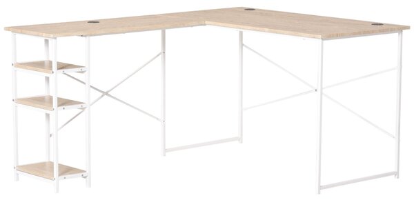 Scrivania Angolare da Ufficio 150x120x74 cm con 3 Mensole in Metallo e MDF Legno e Bianco