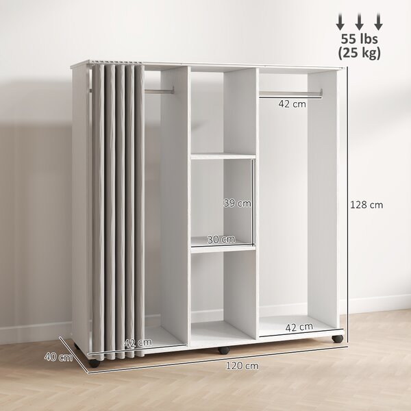 HOMCOM Armadio Appendiabiti Mobile Contenitore con 6 Ruote, in Legno, 120x40x128 cm, Bianco | Aosom Italy