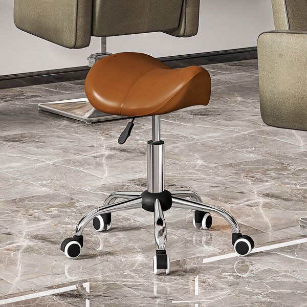 HOMCOM Sgabello con Ruote, Sedia da Lavoro con Altezza Regolabile 49-61 cm e Sella Ergonomica, 52x53x49-61 cm, Marrone | Aosom Italy