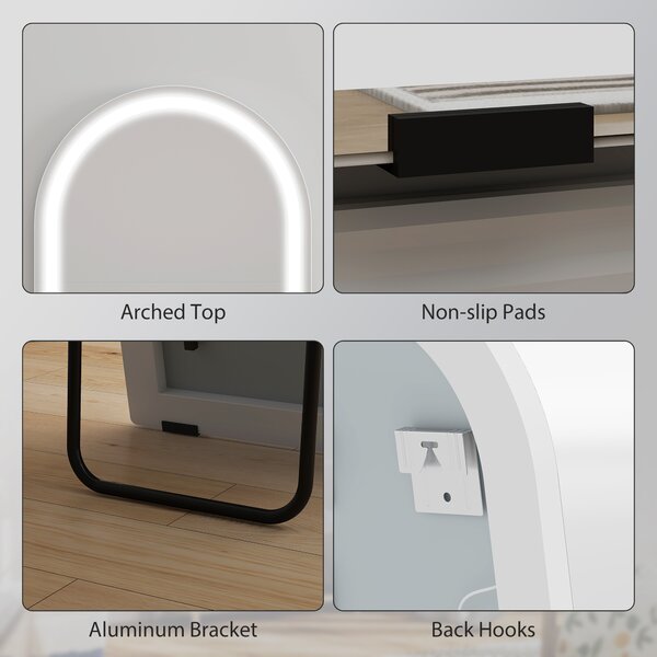 HOMCOM Specchio da Terra Arcuato a Figura Intera con Luci, 3 Temperature di Colore e Luminosità Regolabile, senza Cornice, 150x50 cm, Trasparente | Aosom Italy