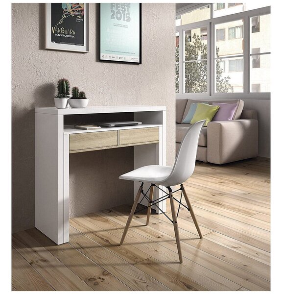 Scrivania Consolle Estensibile 99x36/70x88 cm 2 Cassetti Bianco e Rovere
