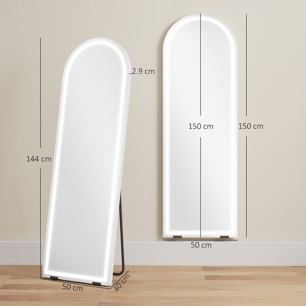 HOMCOM Specchio da Terra Arcuato a Figura Intera con Luci, 3 Temperature di Colore e Luminosità Regolabile, senza Cornice, 150x50 cm, Trasparente | Aosom Italy