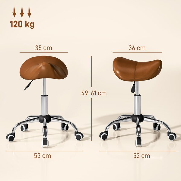 HOMCOM Sgabello con Ruote, Sedia da Lavoro con Altezza Regolabile 49-61 cm e Sella Ergonomica, 52x53x49-61 cm, Marrone | Aosom Italy