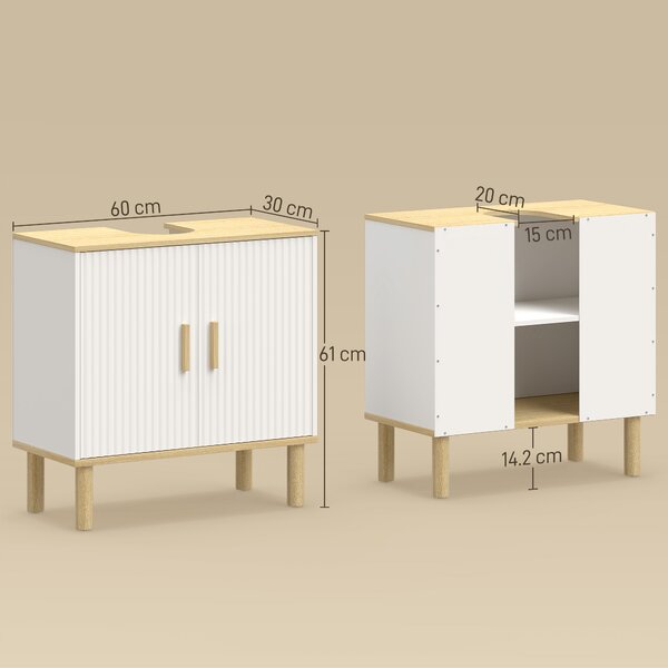 HOMCOM Mobile Sottolavabo con Ripiano Regolabile, Armadio per Lavabo senza Piedistallo, con Ante Scanalate, 60x30x61 cm, Bianco | Aosom Italy