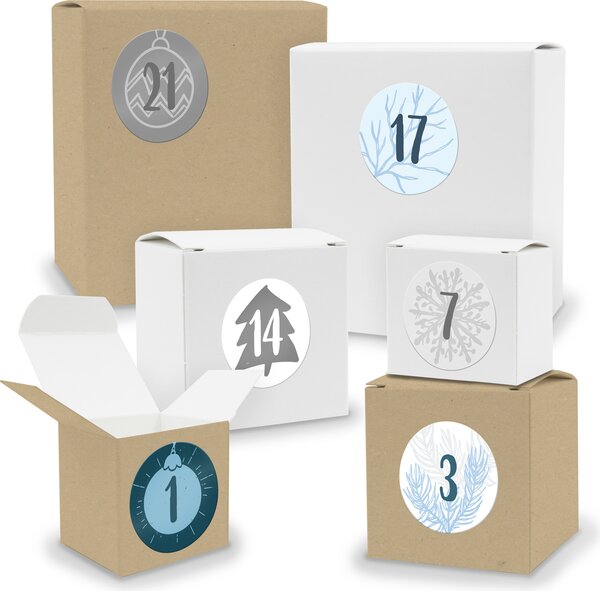 Calendario dell'Avvento da riempire: 24 cubi rettangolari assortiti BIANCO / MARRONE + adesivi (V3 Z16)