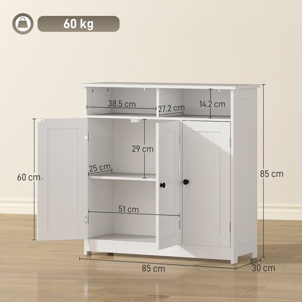 HOMCOM Armadio da Bagno Stretto con 3 Porte, 2 Scomparti Aperti e Ripiano Regolabile, 85x30x85 cm, Bianco | Aosom Italy