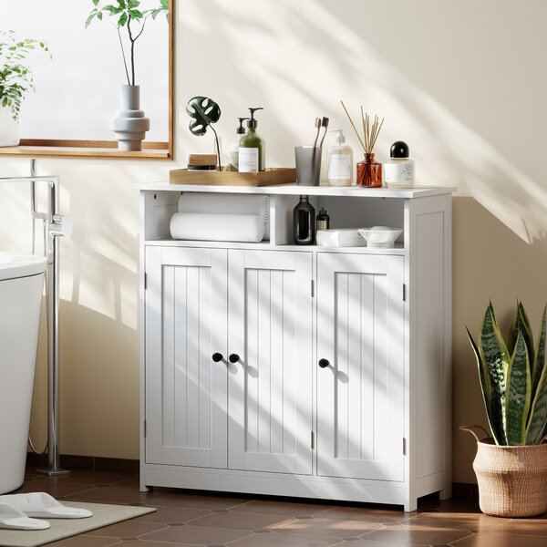 HOMCOM Armadio da Bagno Stretto con 3 Porte, 2 Scomparti Aperti e Ripiano Regolabile, 85x30x85 cm, Bianco | Aosom Italy