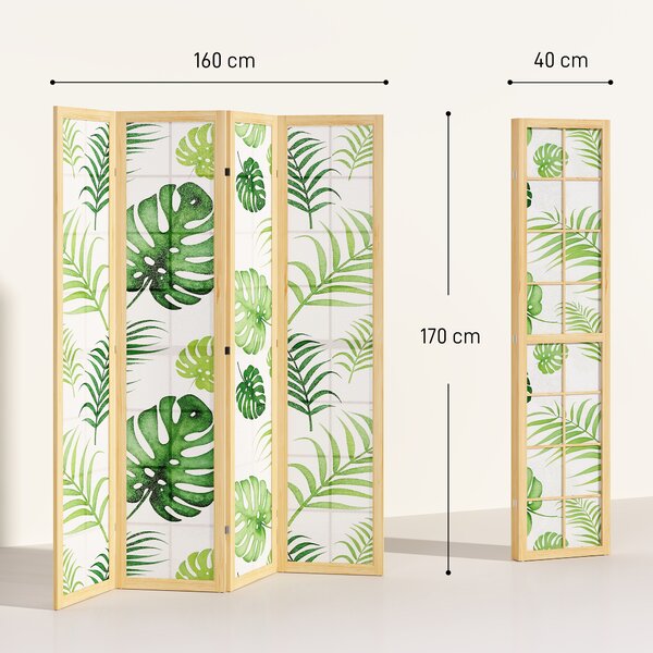 HOMCOM Divisorio 4 Pannelli Pieghevole, Design Boho, Motivo Tropicale, Divisorio Autoportante con Cornice in Legno, Verde | Aosom Italy