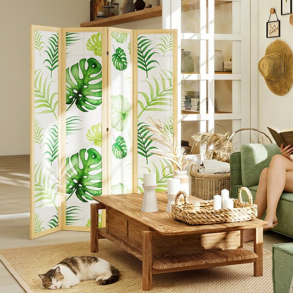 HOMCOM Divisorio 4 Pannelli Pieghevole, Design Boho, Motivo Tropicale, Divisorio Autoportante con Cornice in Legno, Verde | Aosom Italy