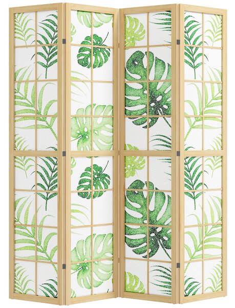 HOMCOM Divisorio 4 Pannelli Pieghevole, Design Boho, Motivo Tropicale, Divisorio Autoportante con Cornice in Legno, Verde | Aosom Italy