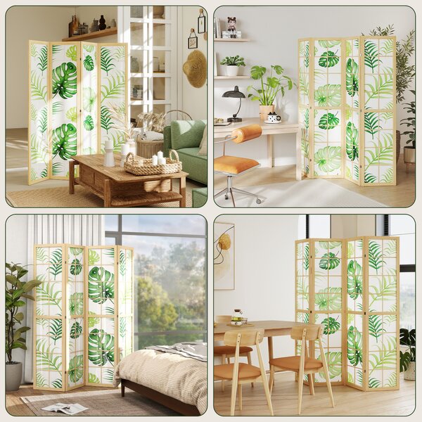 HOMCOM Divisorio 4 Pannelli Pieghevole, Design Boho, Motivo Tropicale, Divisorio Autoportante con Cornice in Legno, Verde | Aosom Italy