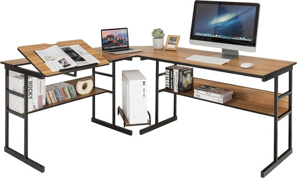 Scrivania angolare a L, 170 cm, scrivania per computer con 2 ripiani, piano inclinabile, montante centrale, scrivania per computer da ufficio, salvaspazio, stile industriale (noce)
