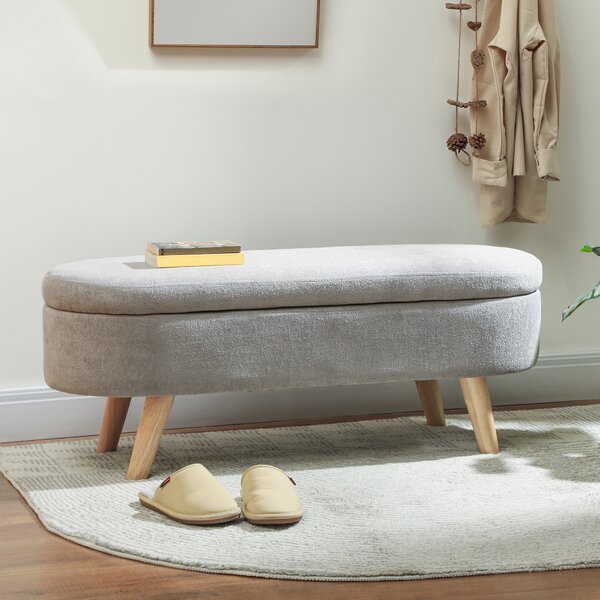 HOMCOM Panca da Letto con Gambe in Legno e Seduta Imbottita, Pouf Contenitore Rivestito in Velluto Teddy, 110x40x43 cm, Grigio Chiaro | Aosom Italy