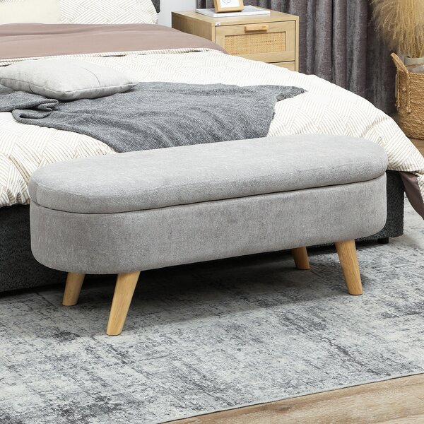HOMCOM Panca da Letto con Gambe in Legno e Seduta Imbottita, Pouf Contenitore Rivestito in Velluto Teddy, 110x40x43 cm, Grigio Chiaro | Aosom Italy